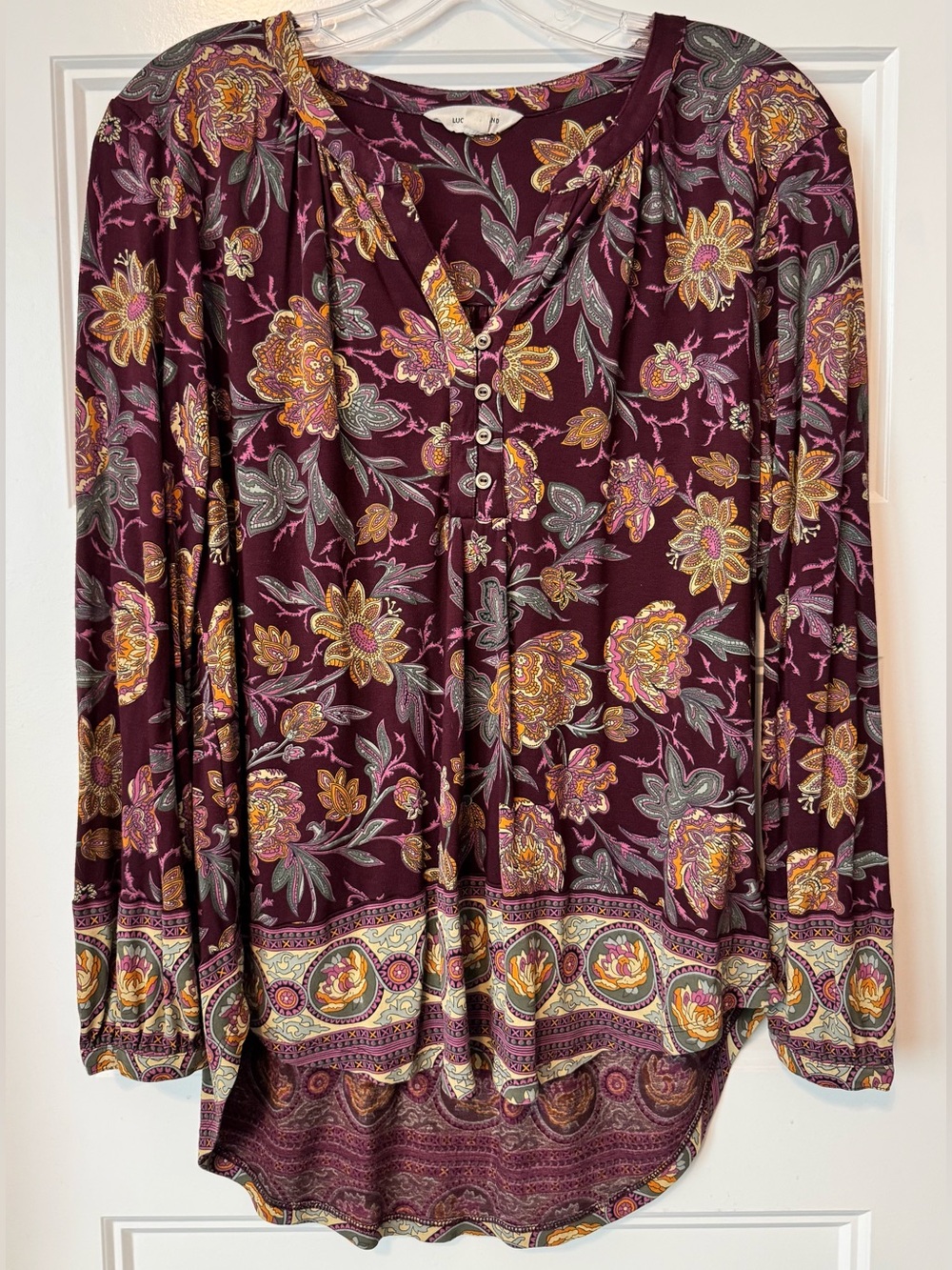 Lucky Brand Floral Paisley Henley Top Medium Boho Burgundy Long Sleeve